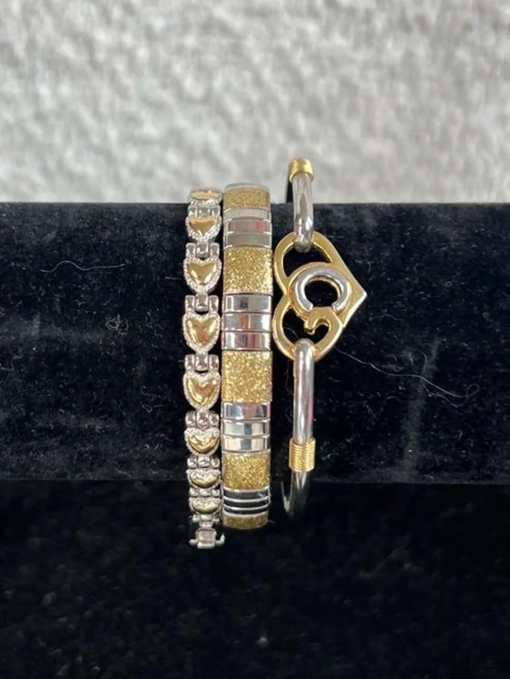 Dainty mixed metal heart bangle bracelet stack  Gold and silver tones